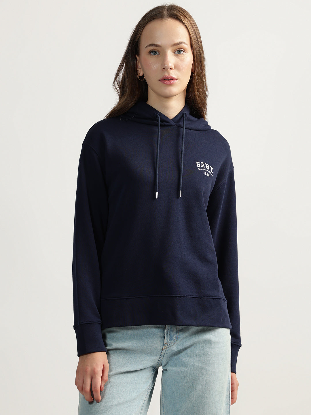 Gant Women Blue Solid Hooded Full Sleeves Pullover Style Sweatshirt