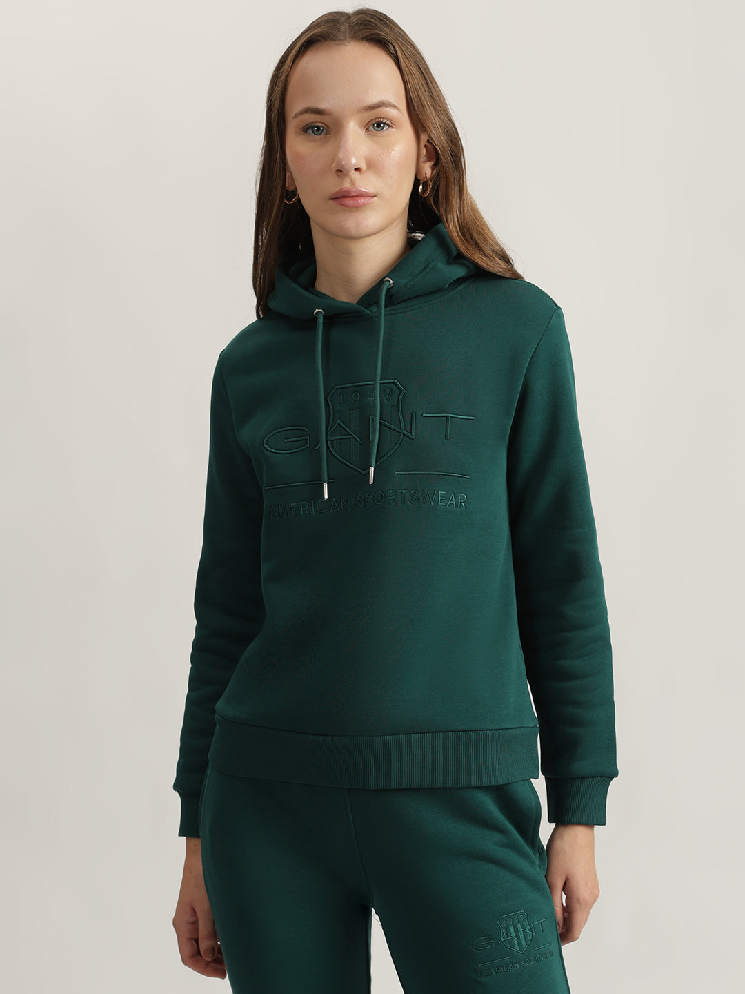 Gant Women Green Embroidered Hooded Full Sleeves Sweatshirt