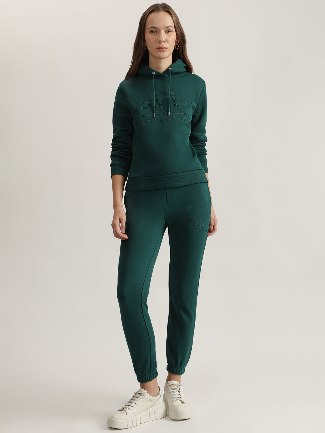 Gant Women Green Embroidered Hooded Full Sleeves Sweatshirt