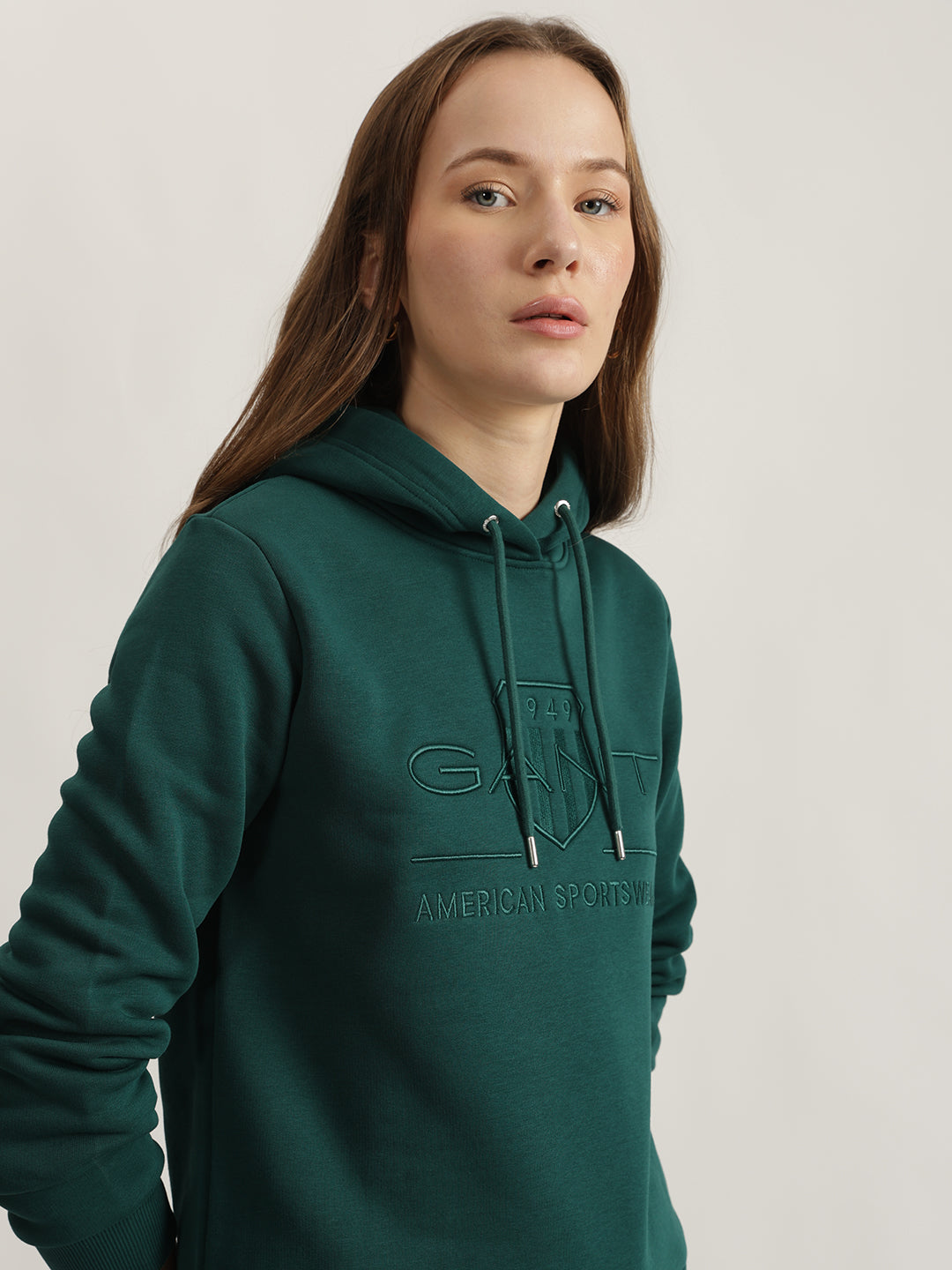 Gant Women Green Embroidered Hooded Full Sleeves Sweatshirt