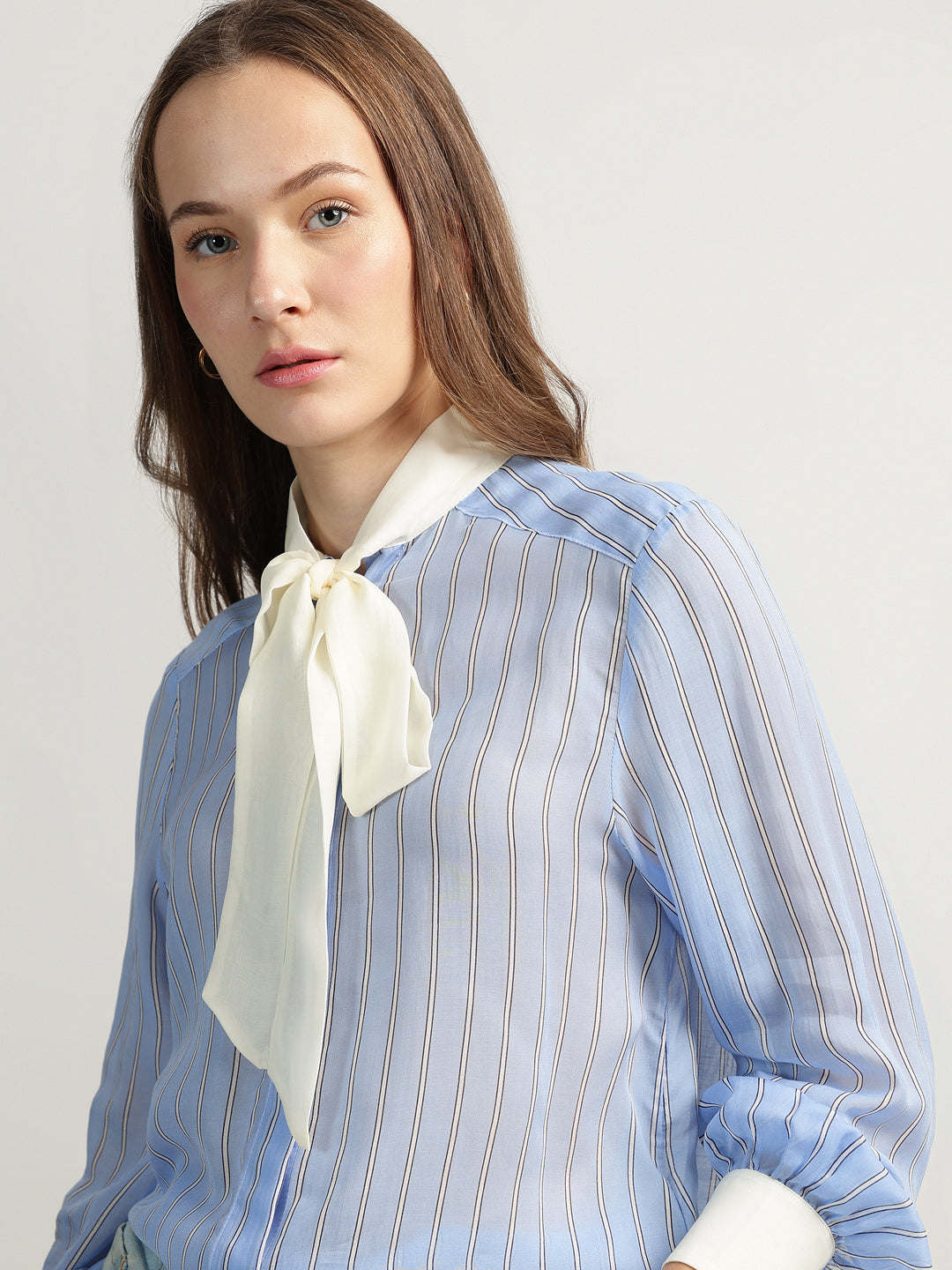 Gant Women Blue Striped Tie-up Neck Full Sleeves Shirt