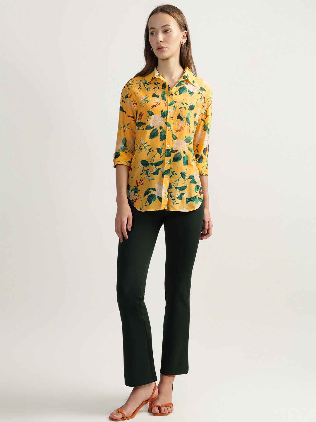 Gant Women Yellow Printed Spread Collar Full Sleeves Shirt