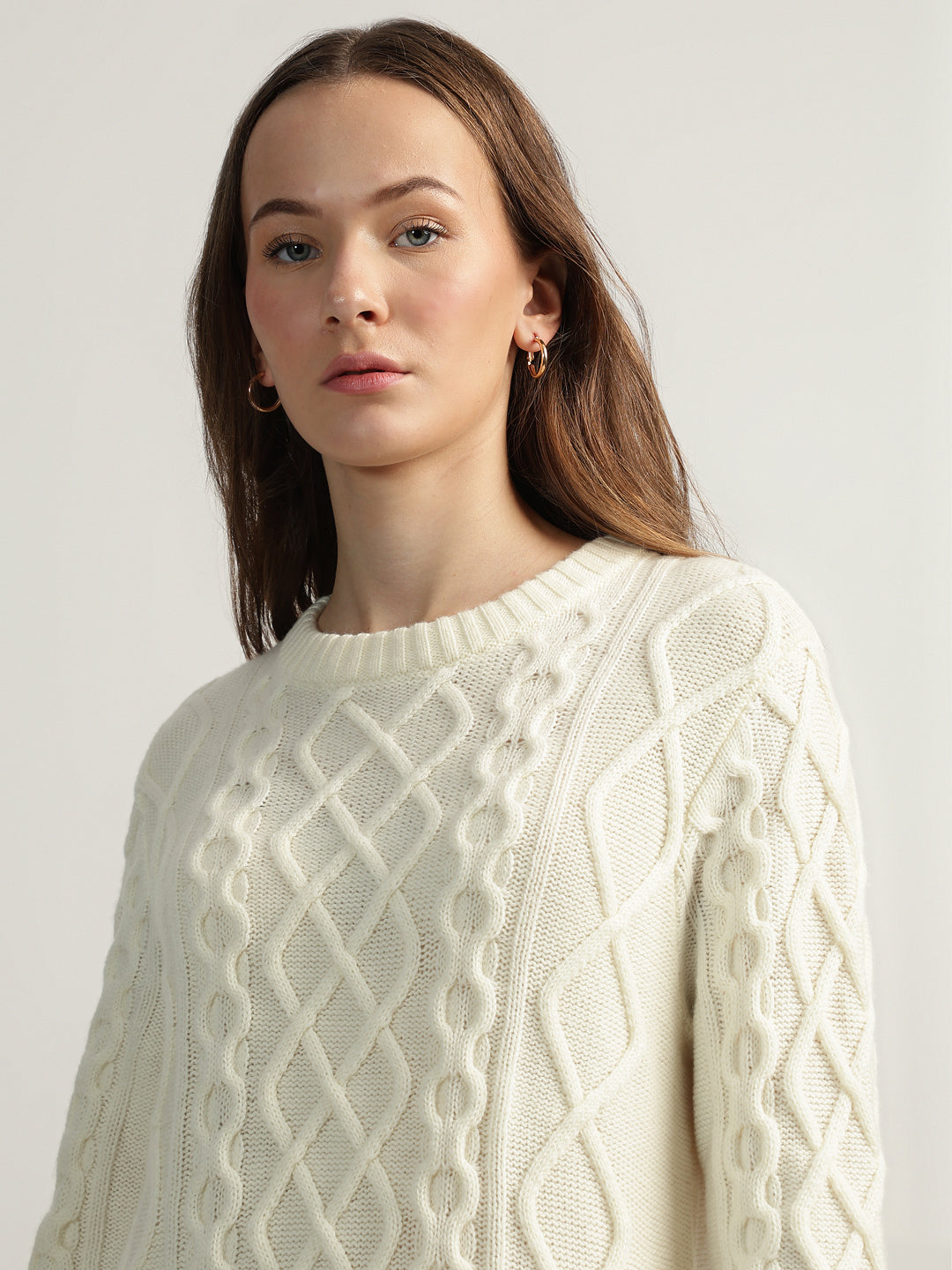 Gant Women Cream Solid Round Neck Full Sleeves Jumper Dress