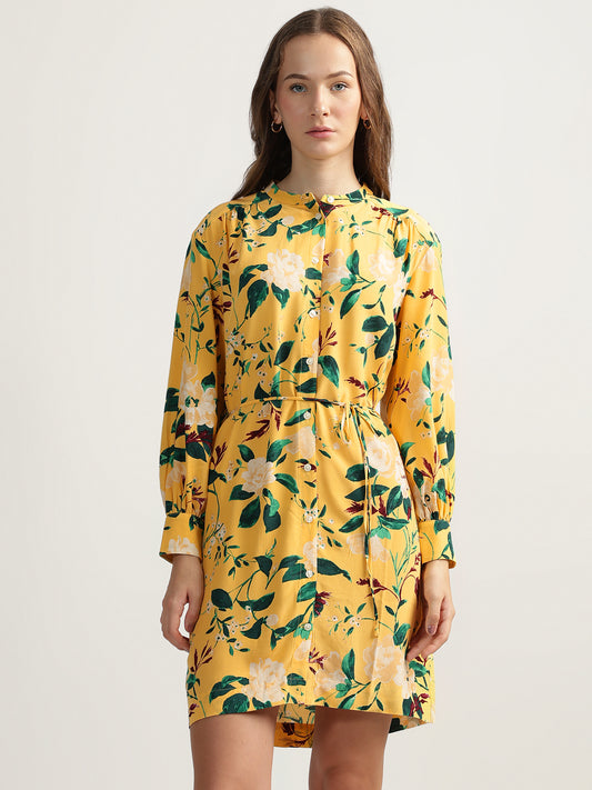 Gant Women Yellow Printed Band Collar Full Sleeves Shirt Dress