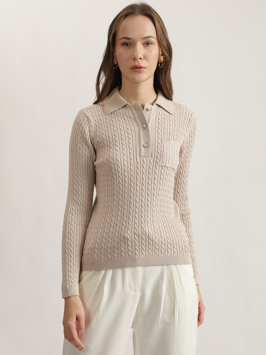 Gant Women Beige Solid Collared Full Sleeves Pullover Style Sweater