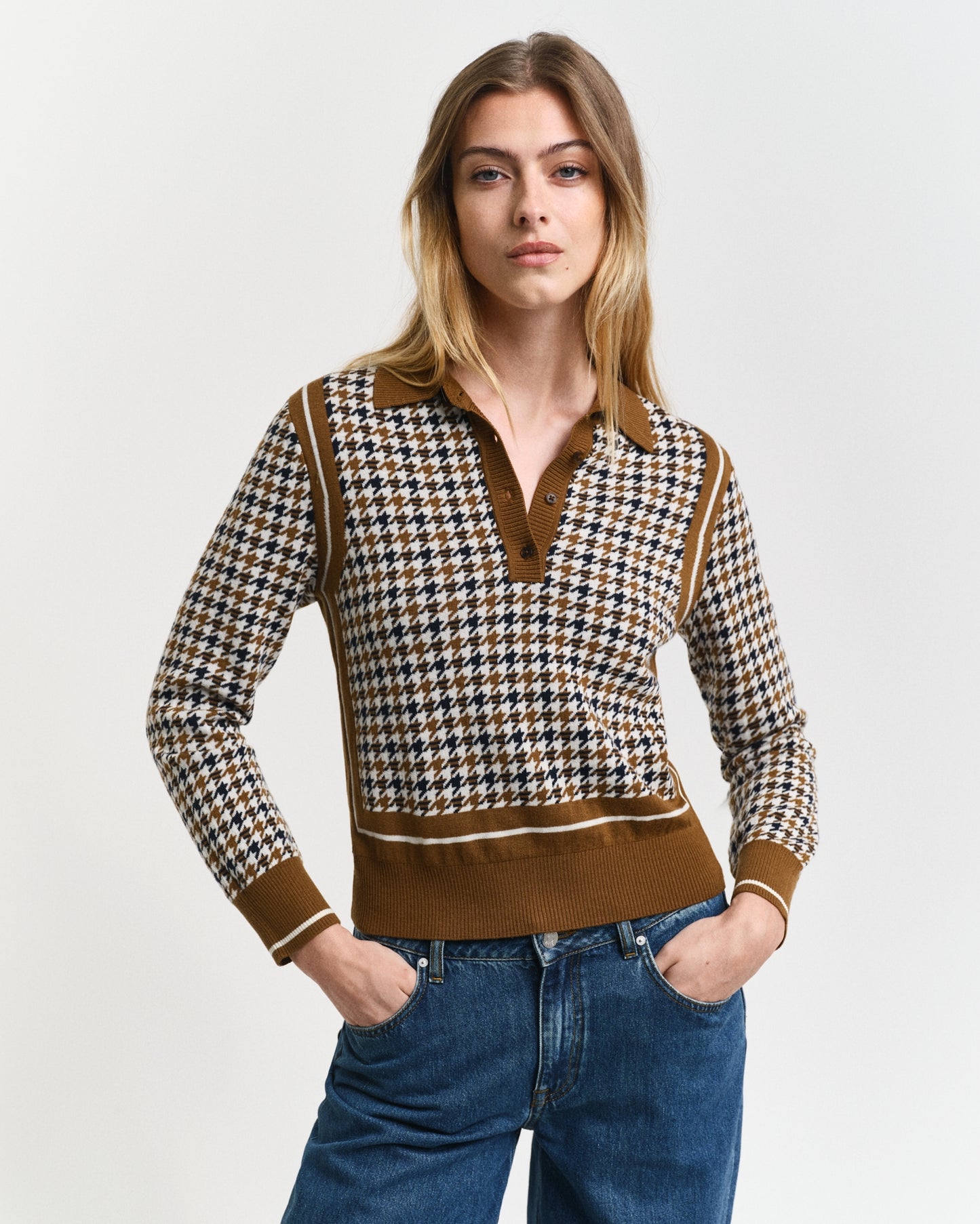 Gant Women Brown Checked Collar Neck Full Sleeves Sweater