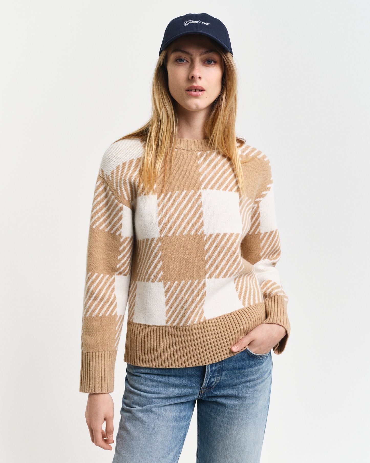 Gant Women Beige Checked Round Neck Full Sleeves Sweater