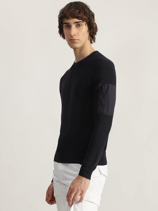 Antony Morato Men Blue Ribbed Round Neck Full Sleeves Pullover Style Sweater