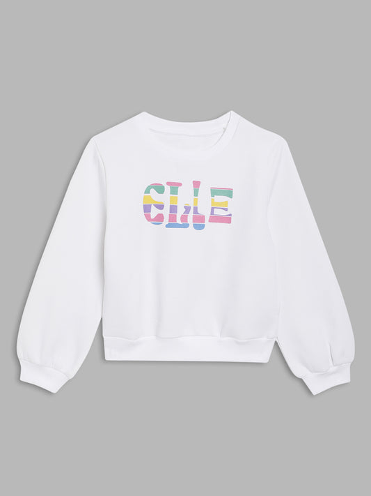 Elle Kids Girls White Solid Round Neck Sweatshirt