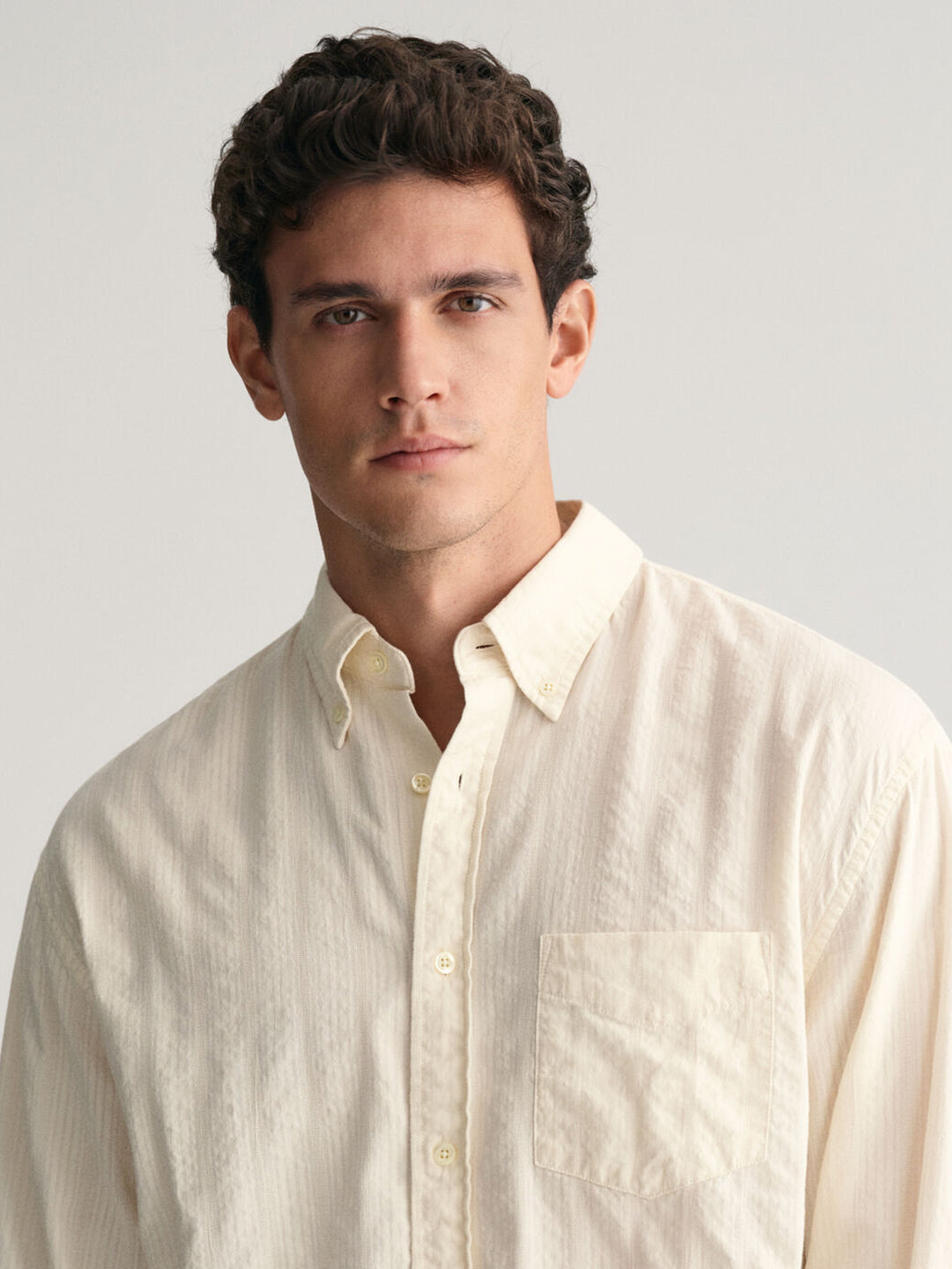 Gant Men Cream Striped Button Down Collar Full Sleeves Shirt