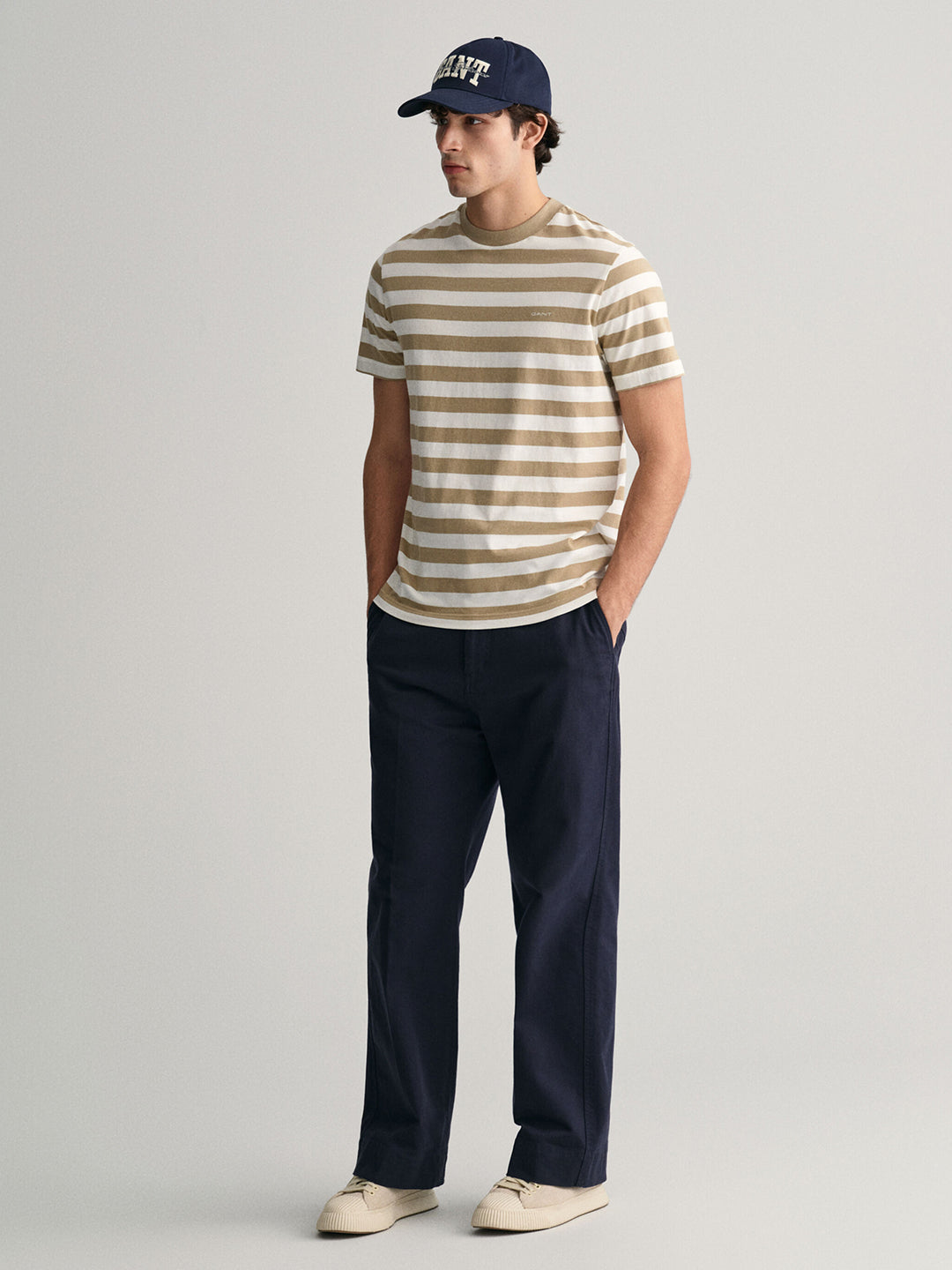 Gant Men Khaki Striped Round Neck Short Sleeves T-Shirt