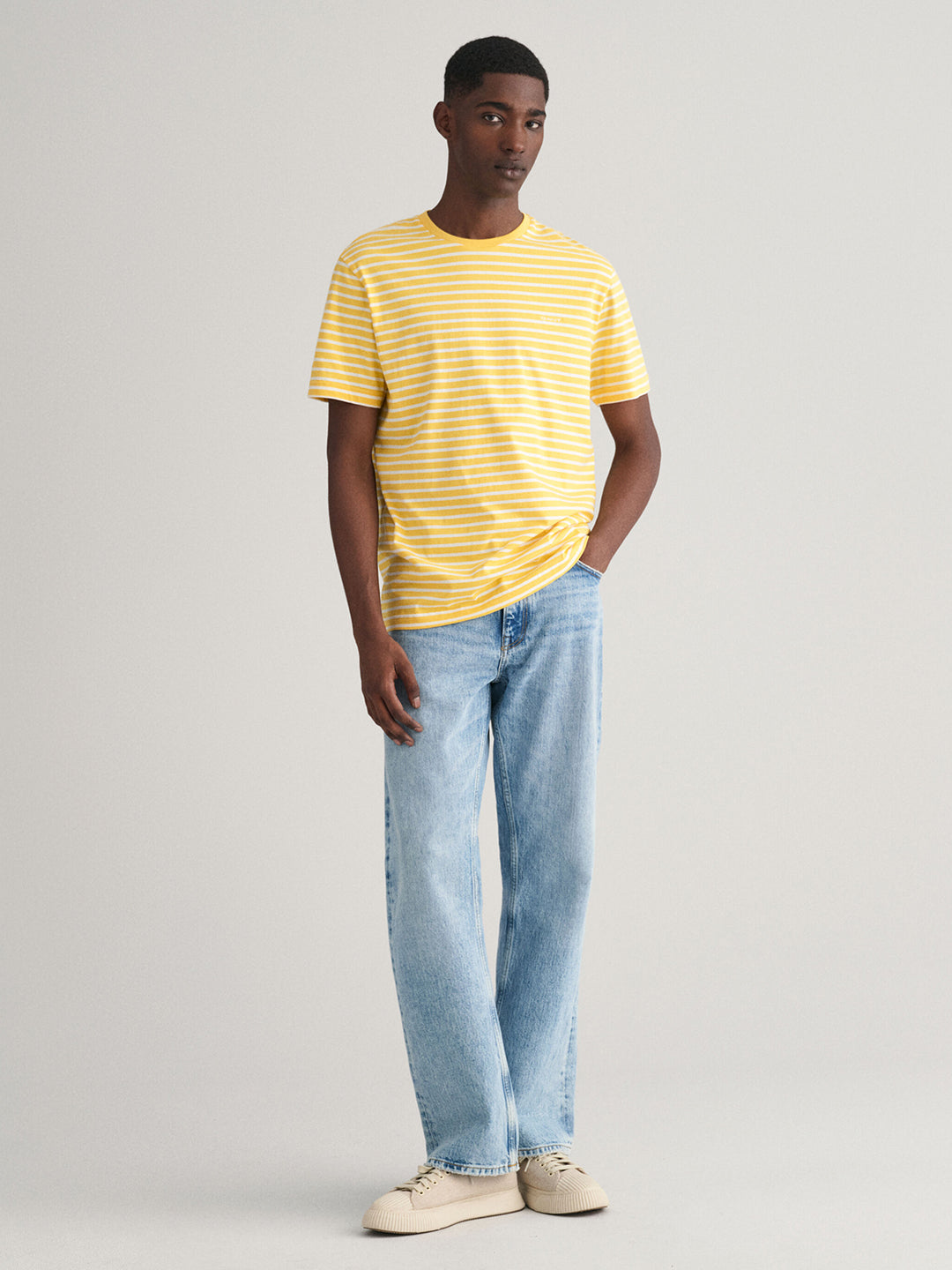 Gant Men Yellow Striped Round Neck Short Sleeves T-Shirt