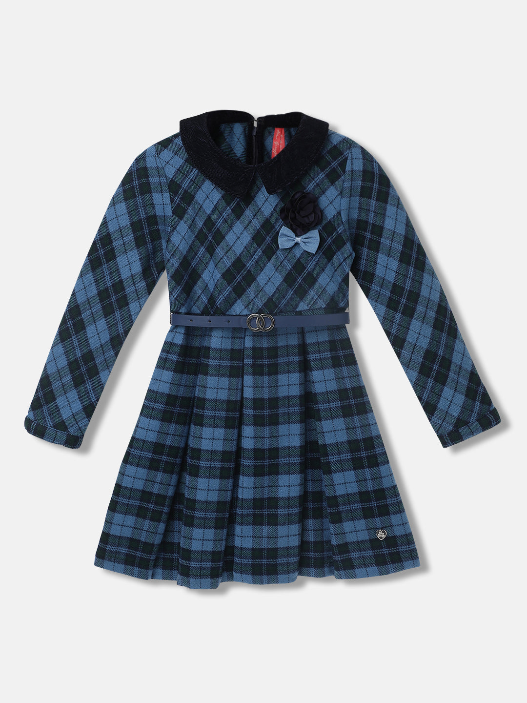 Blue Giraffe Girls Checked Full Sleeves Peter Pan Collar Dress