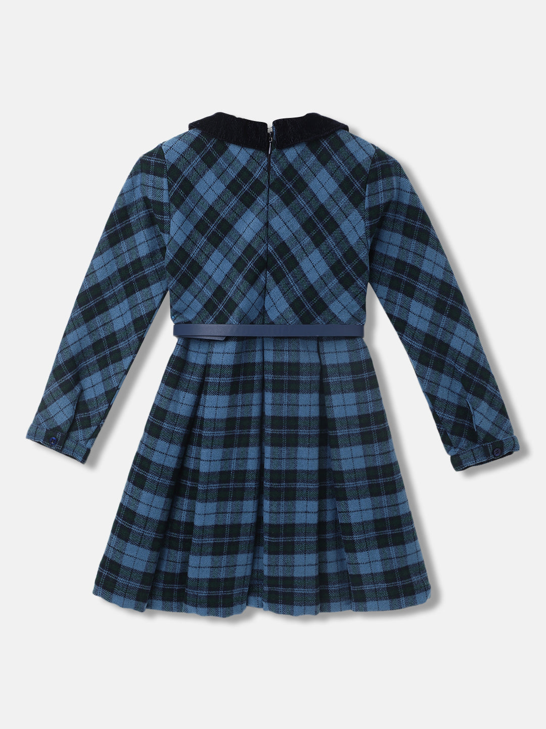 Blue Giraffe Girls Checked Full Sleeves Peter Pan Collar Dress