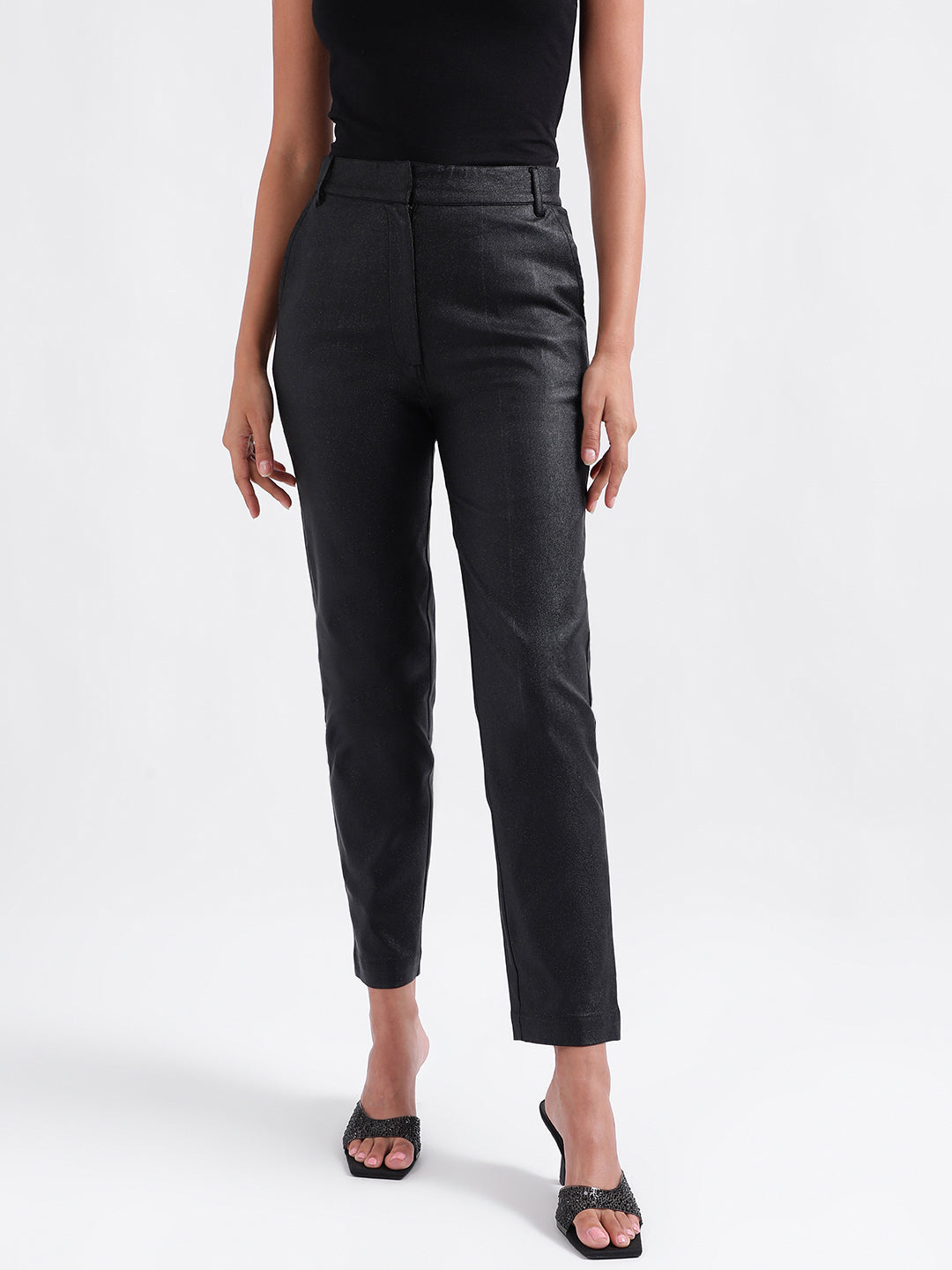 Shop Centre Stage Women Black Solid Straight Fit Trouser