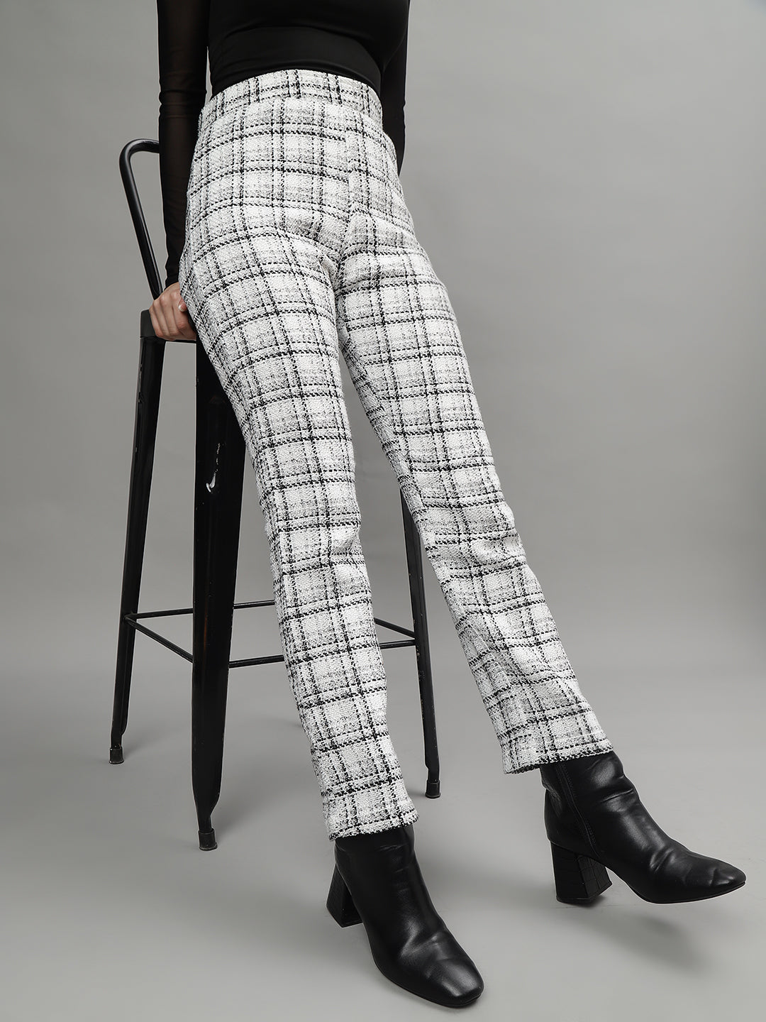 Centre Stage Women White Checked High-Rise Straight Fit Regular Trouser