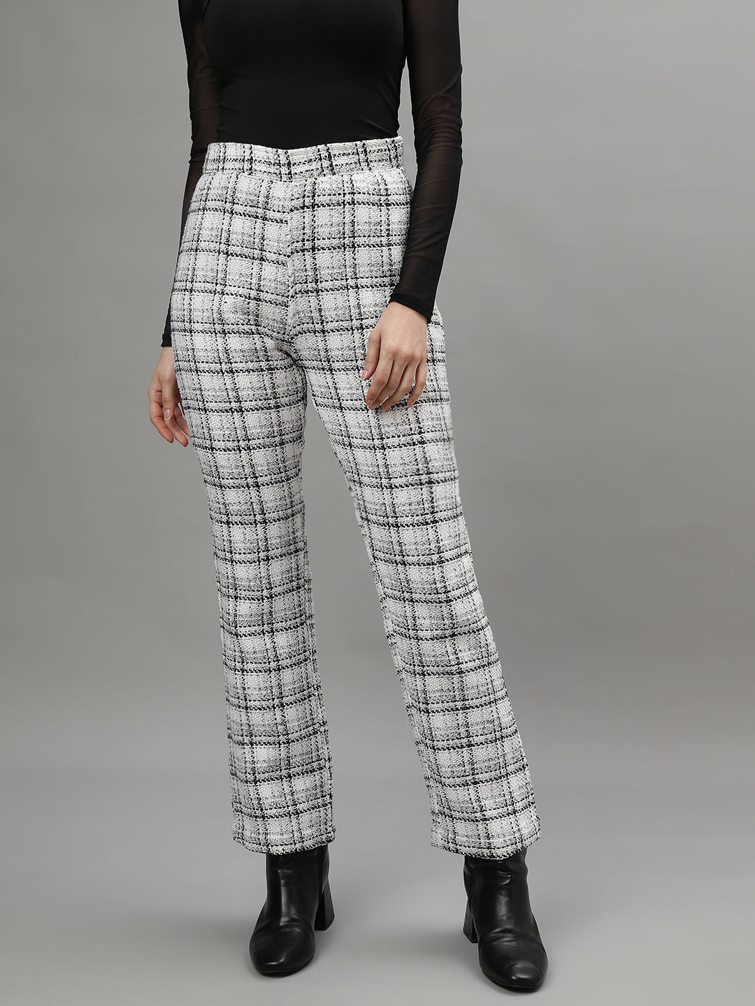 Centre Stage Women White Checked High-Rise Straight Fit Regular Trouser