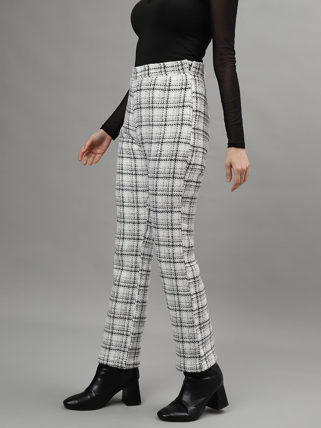 Centre Stage Women White Checked High-Rise Straight Fit Regular Trouser