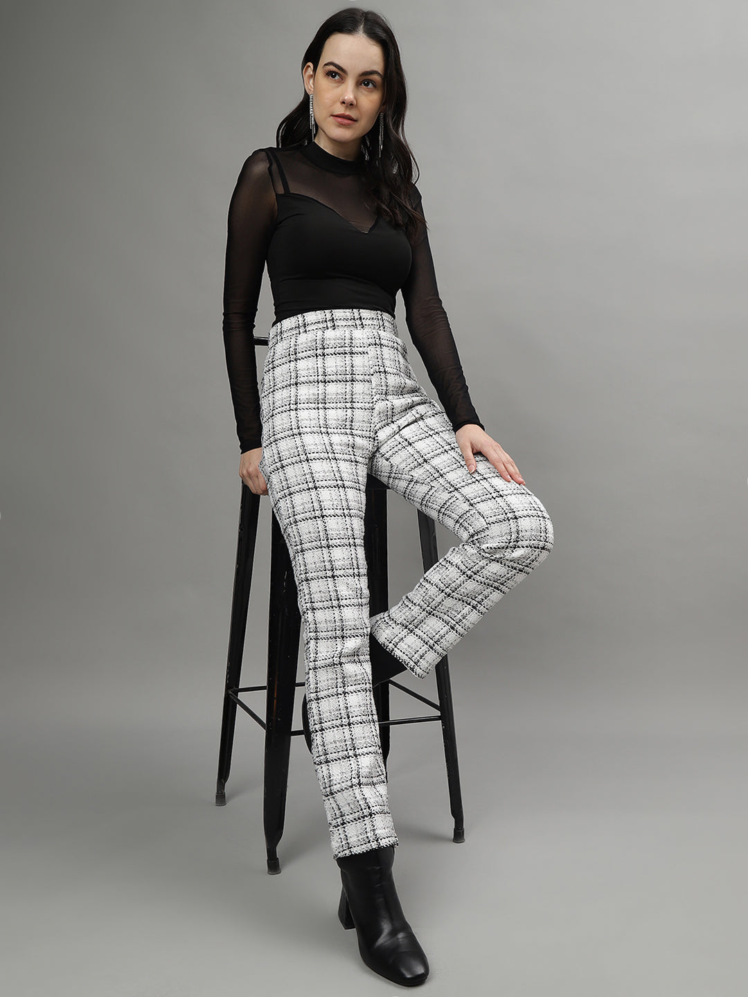 Centre Stage Women White Checked High-Rise Straight Fit Regular Trouser