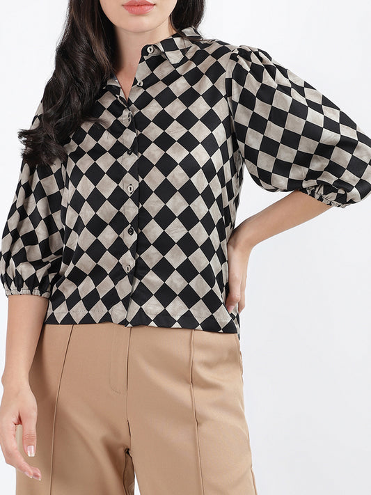 Centre Stage Women Checked Collar 3/4th Sleeves Top