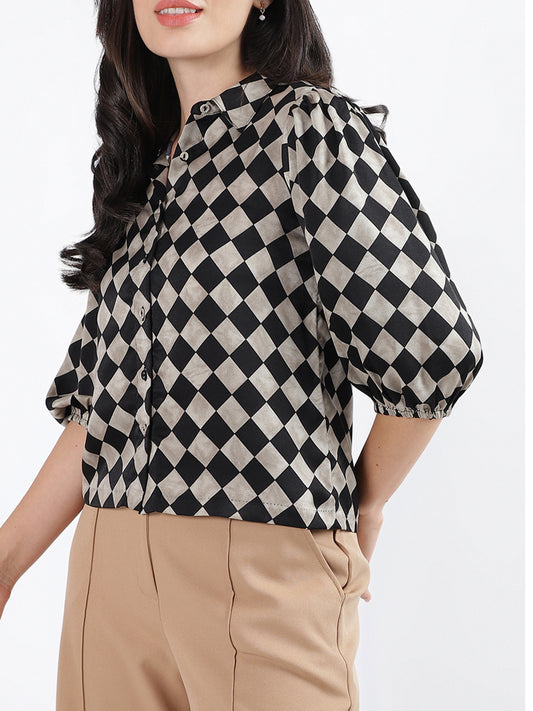 Centre Stage Women Checked Collar 3/4th Sleeves Top