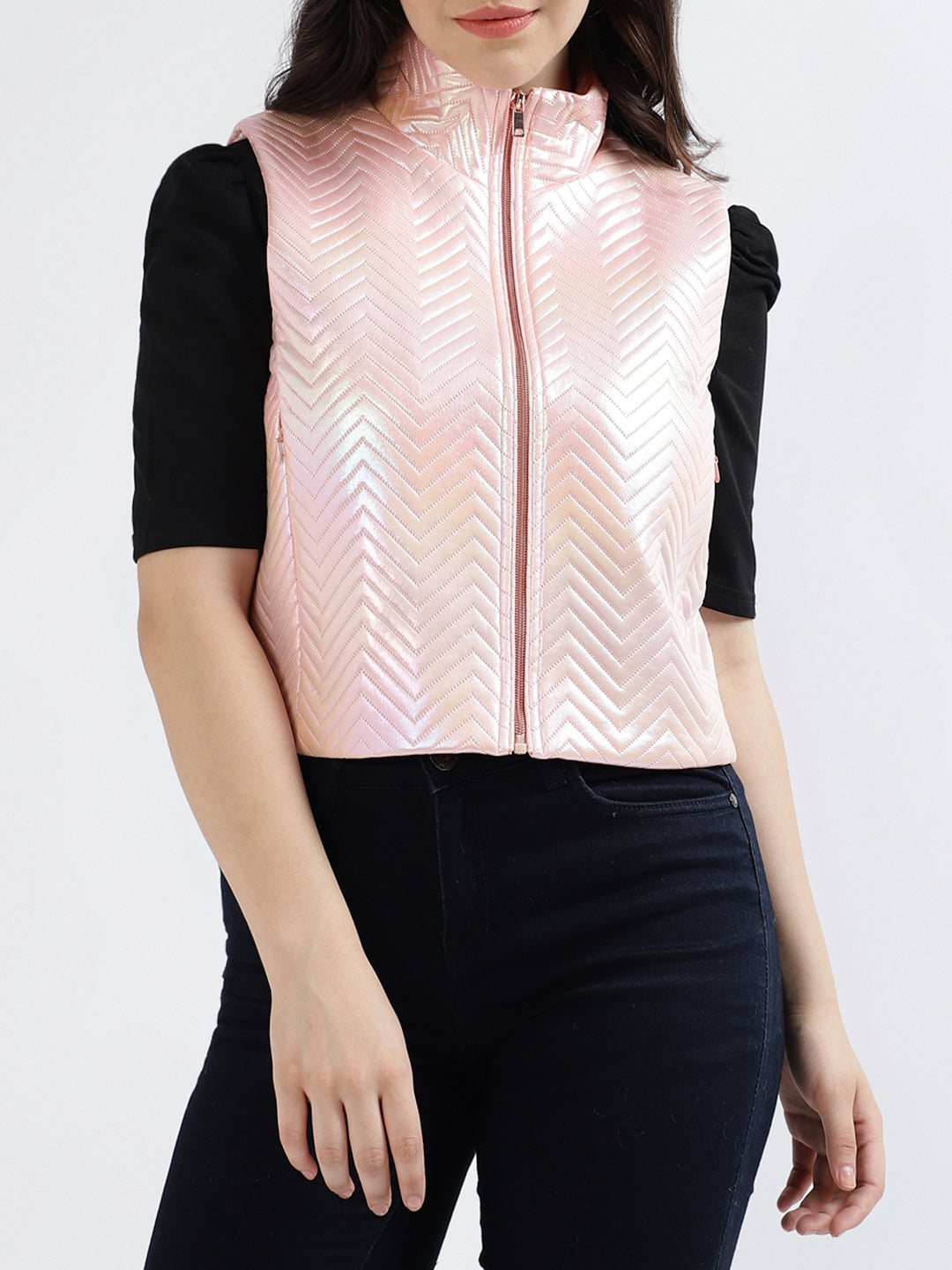 Centre Stage Women Solid Stand Collar Sleeveless Jacket