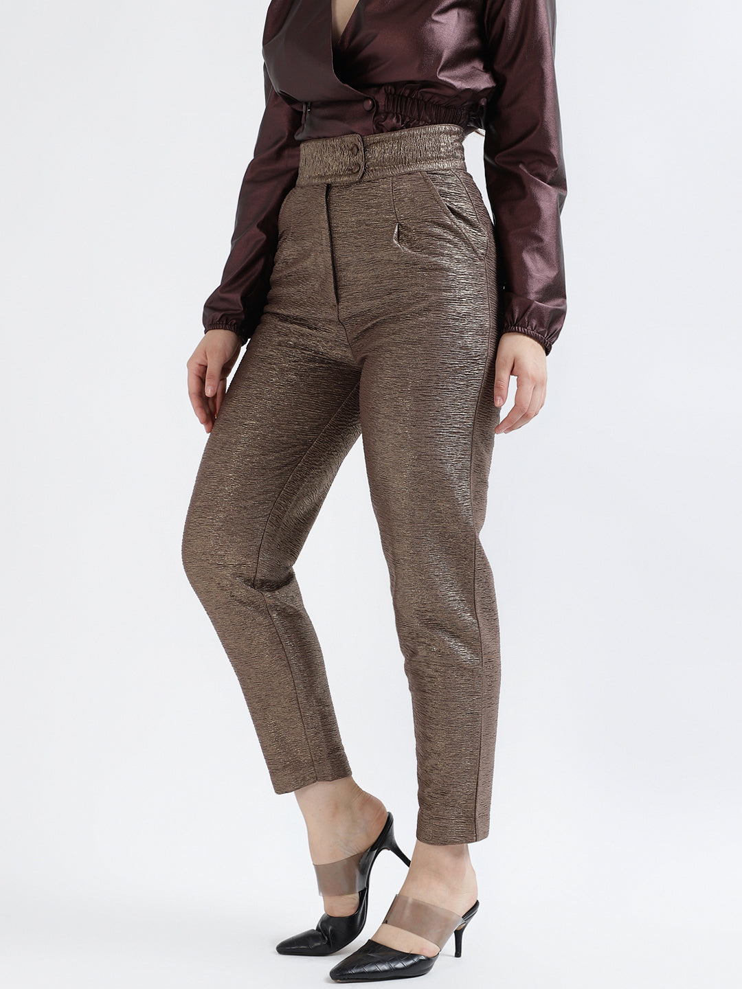 Centre Stage Women Copper Solid Slim Fit Trouser