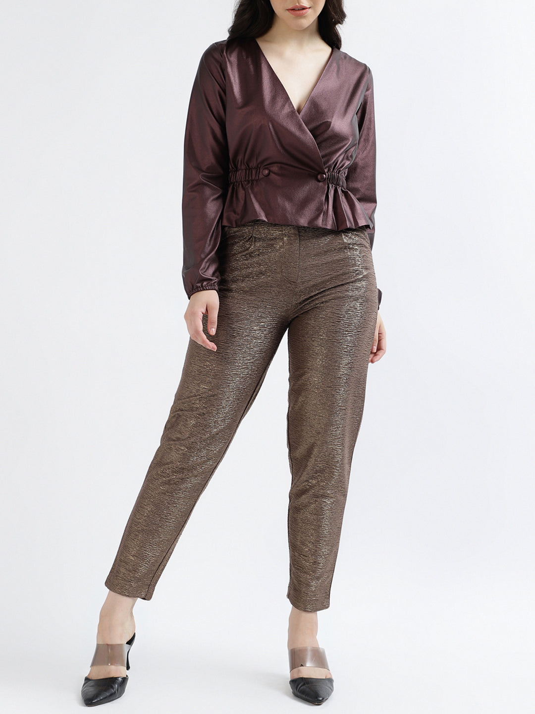 Centre Stage Women Copper Solid Slim Fit Trouser