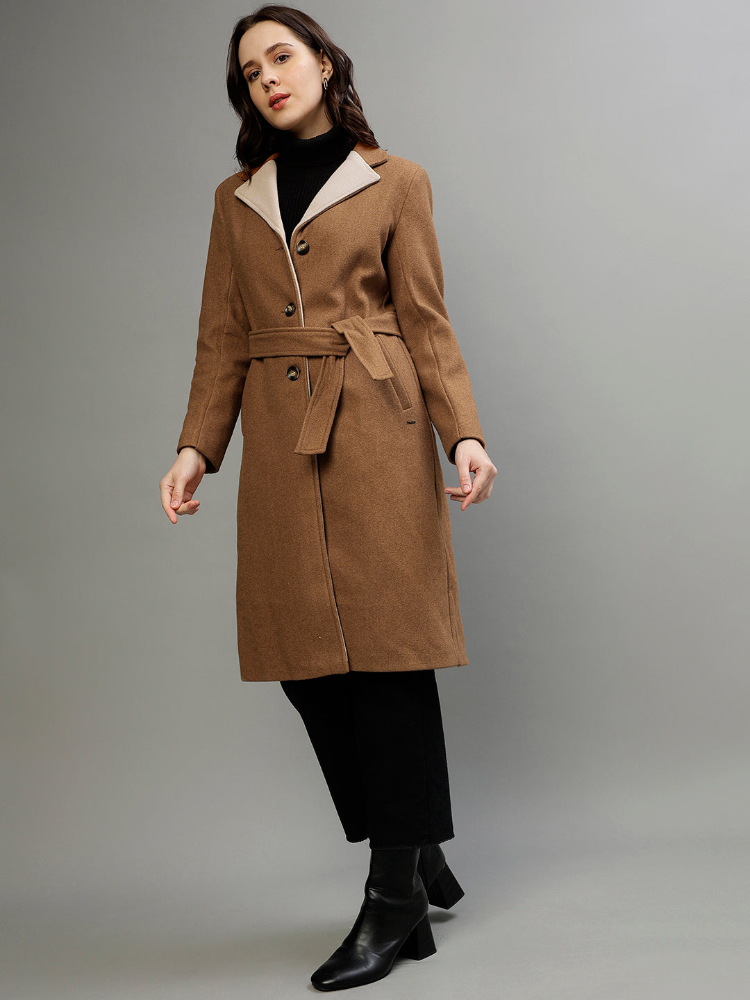 Shop Elle Women Solid Notched Lapel Full Sleeves Overcoat Online