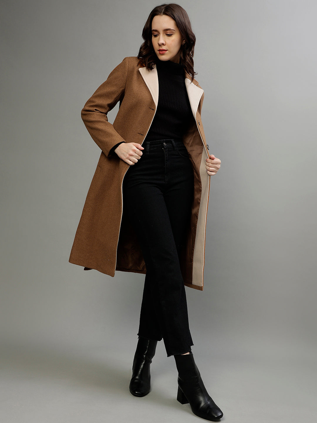 Shop Elle Women Solid Notched Lapel Full Sleeves Overcoat Online