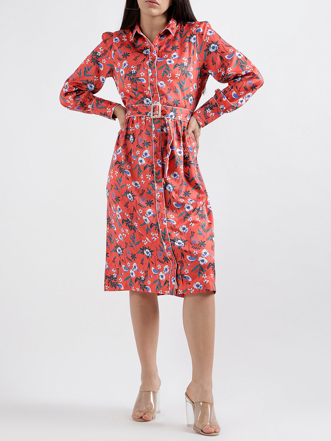 Elle Women Printed Full Sleeves Shirt Collar Dress