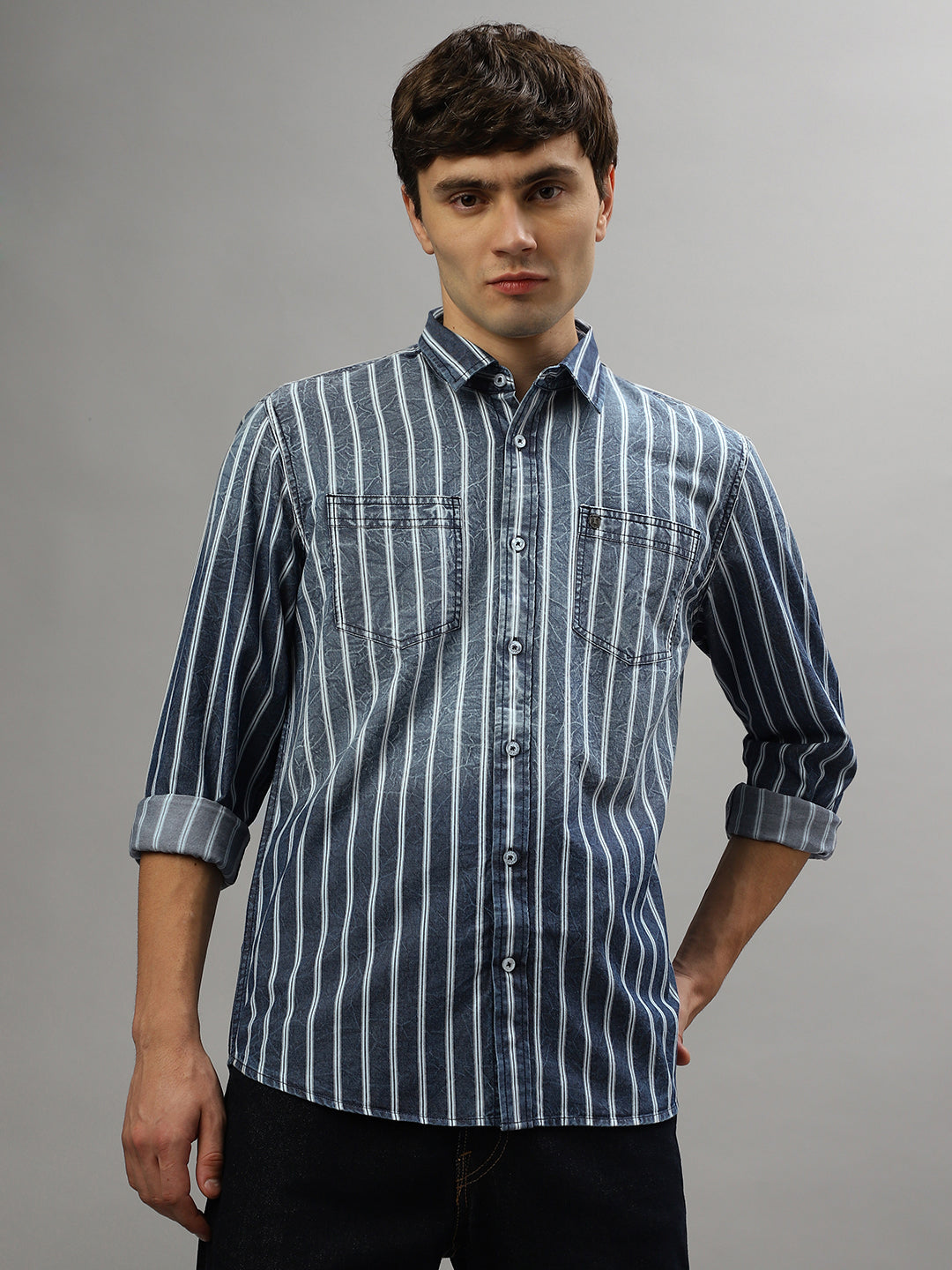 Iconic Blue Fashion Striped Regular Fit Shirt