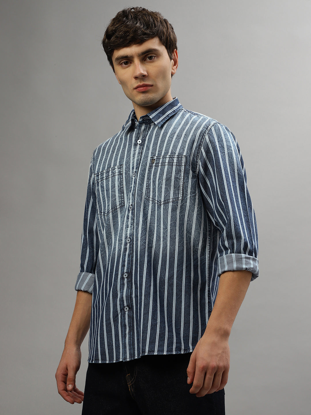 Iconic Blue Fashion Striped Regular Fit Shirt