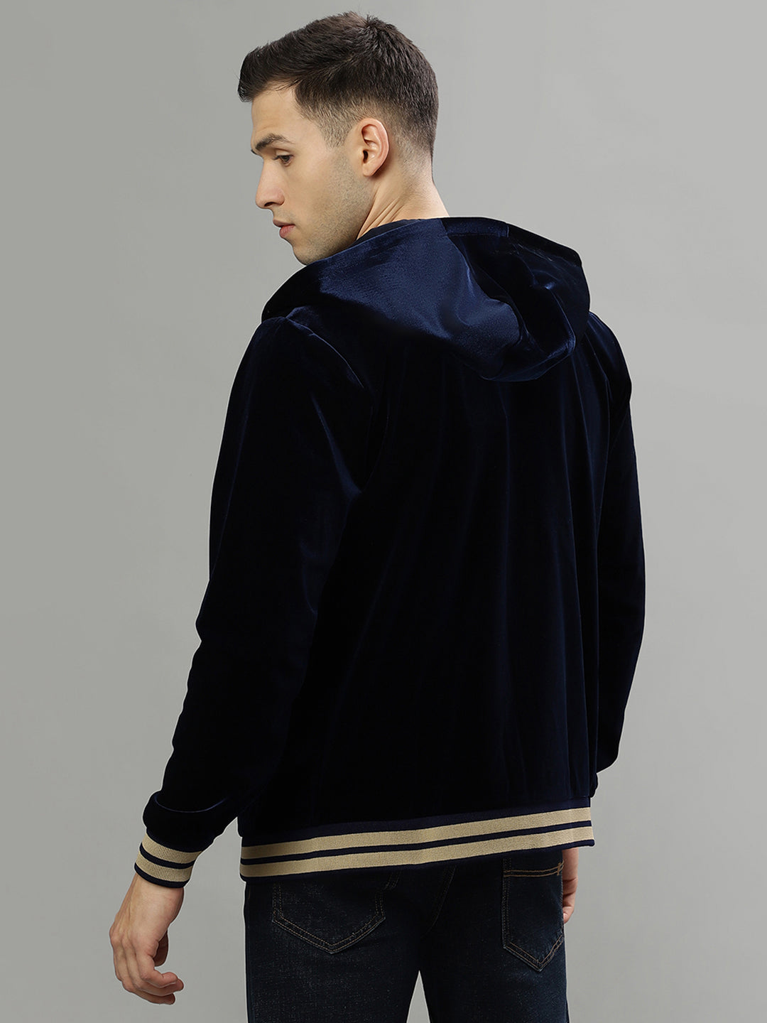 Iconic Men Navy Blue Solid Hooded Long Sleeves Jacket