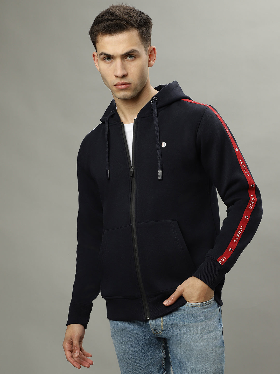 Iconic Men Navy Blue Solid Hooded Long Sleeves Jacket