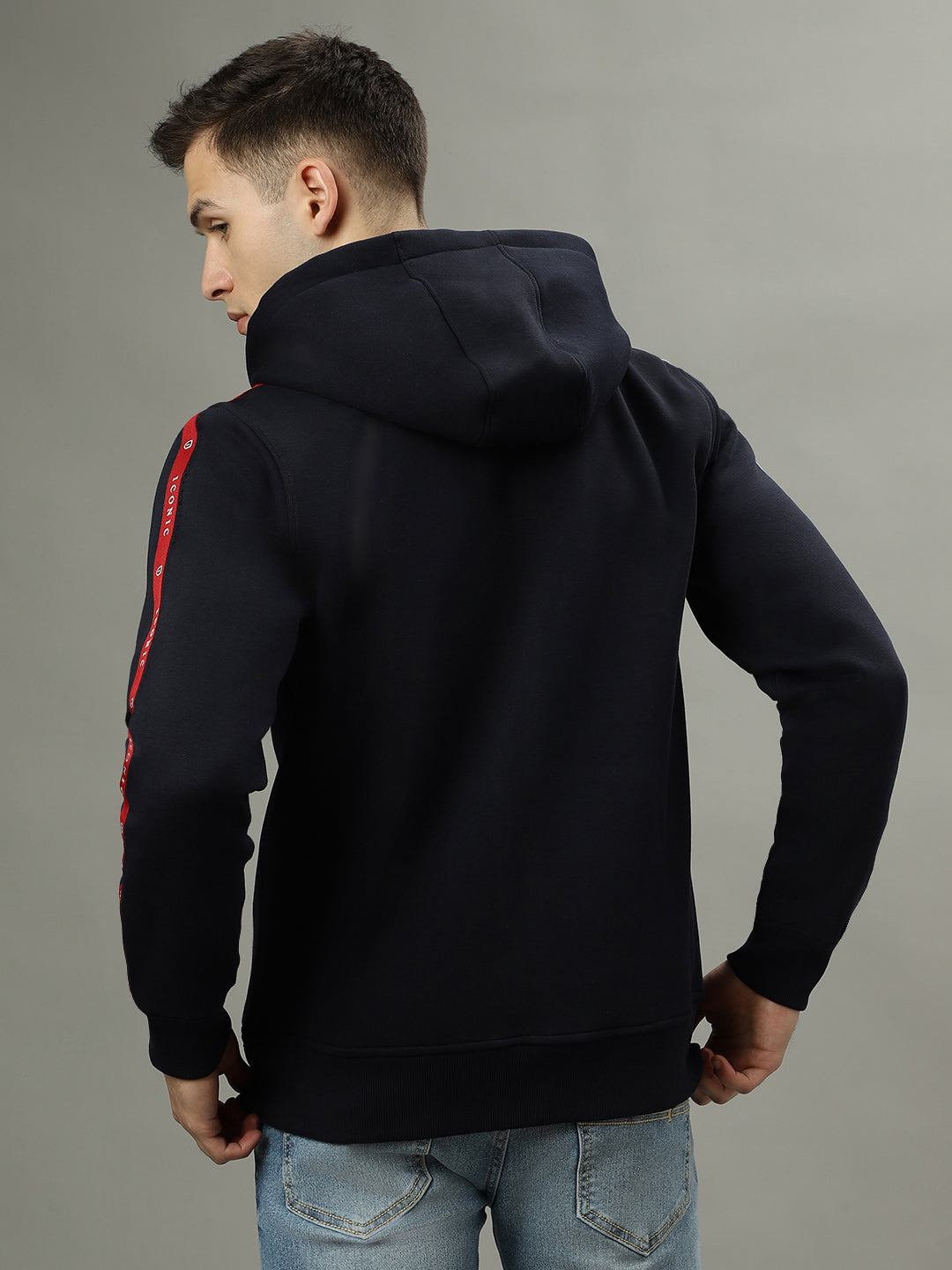 Iconic Men Navy Blue Solid Hooded Long Sleeves Jacket