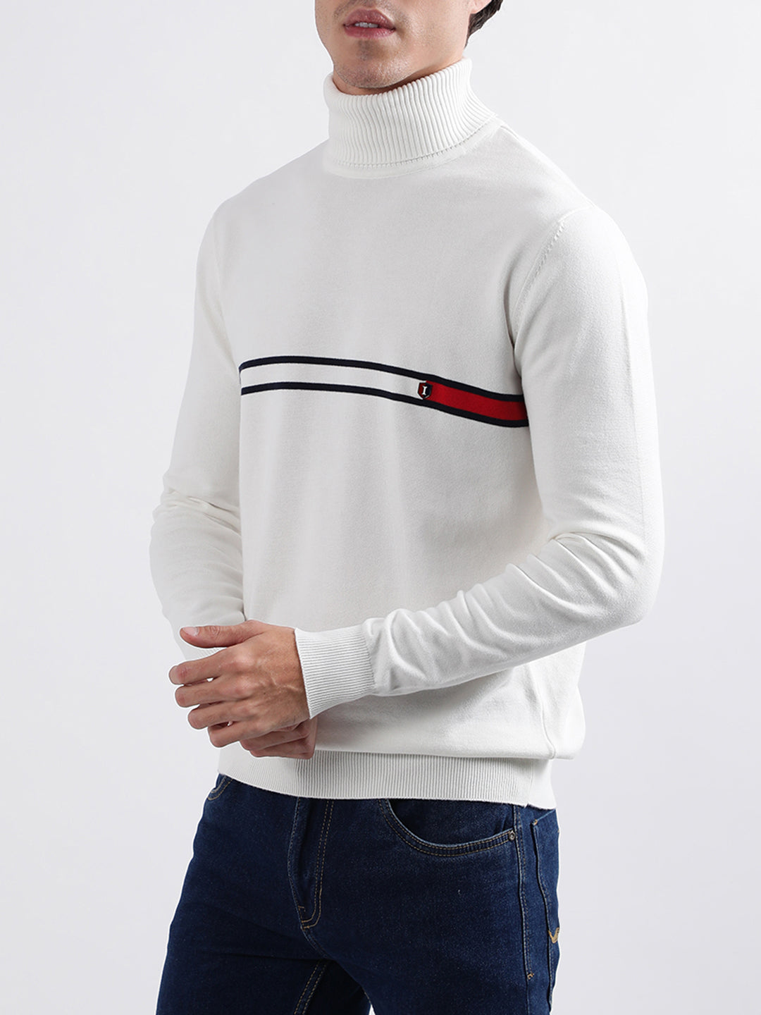 Iconic Men White Solid Round Neck Sweater