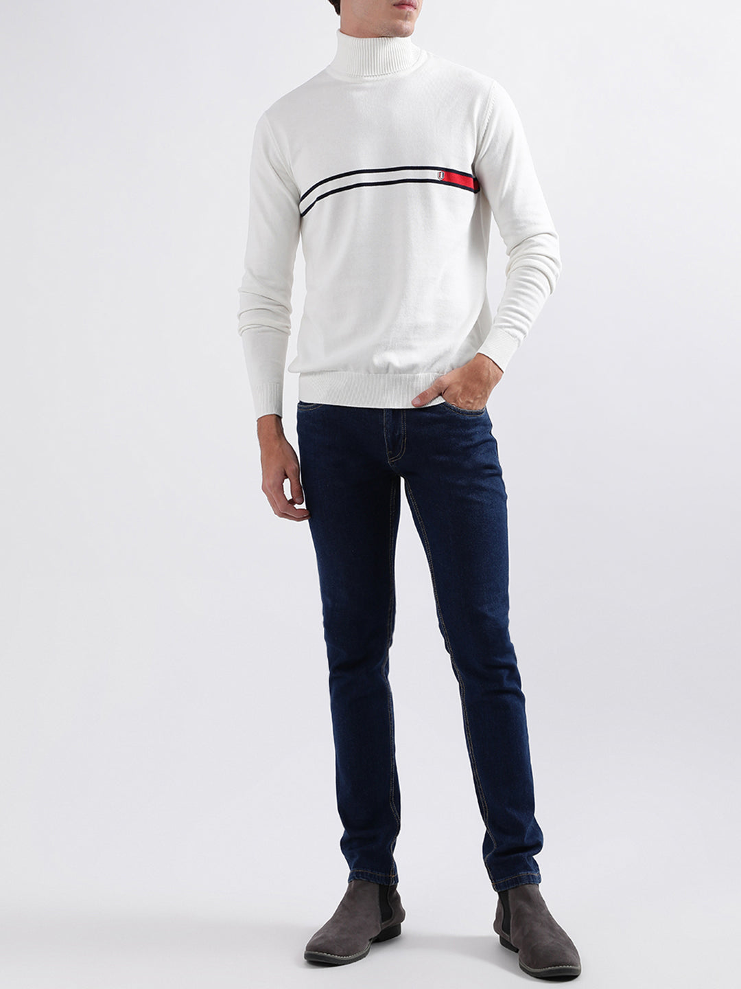 Iconic Men White Solid Round Neck Sweater