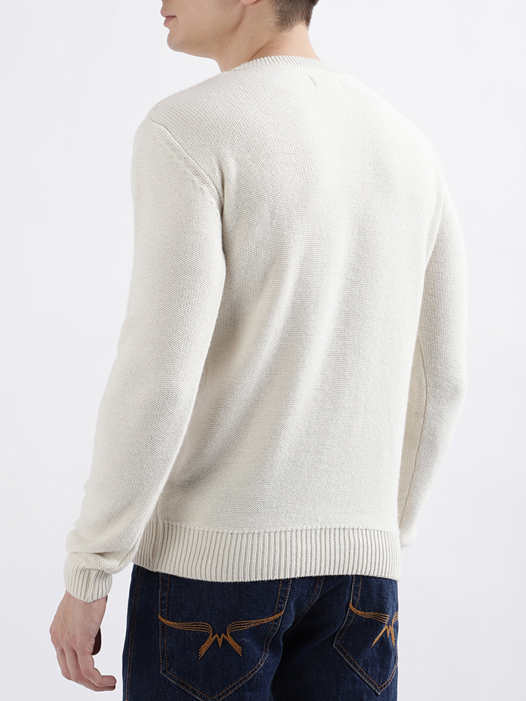 Iconic Men White Solid Full Sleeves Round Neck Sweater