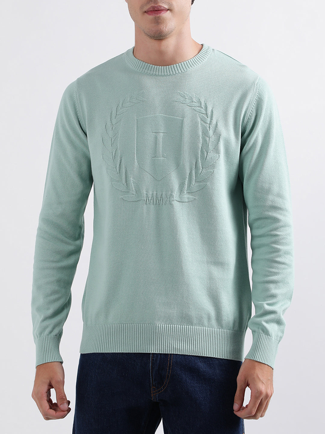 Iconic Men Green Solid Round Neck Sweater