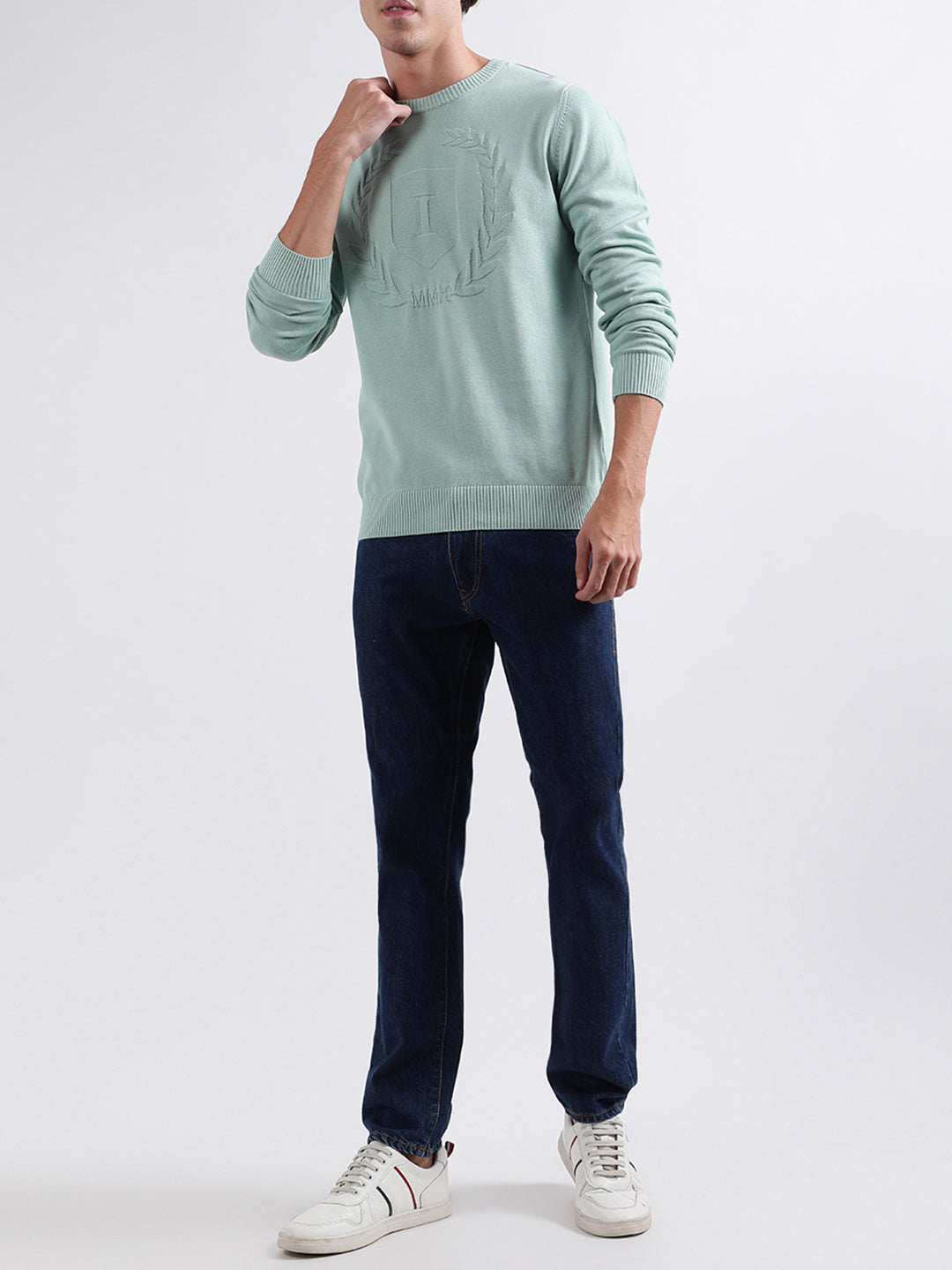 Iconic Men Green Solid Round Neck Sweater