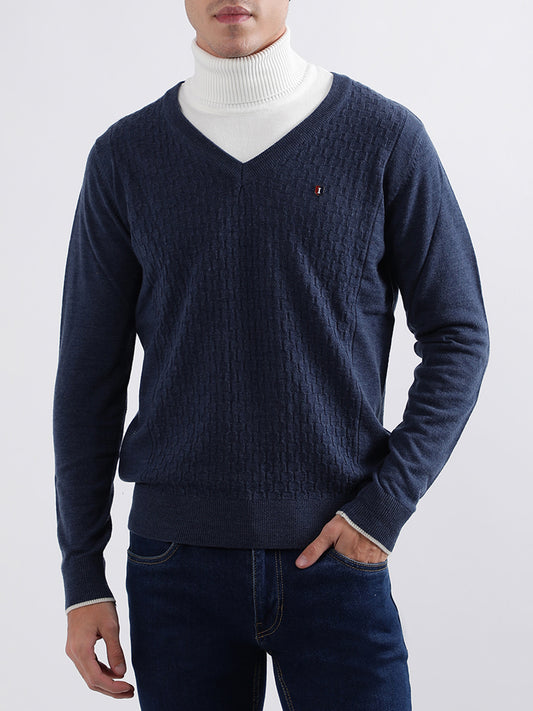 Iconic Men Blue Solid V Neck Sweater