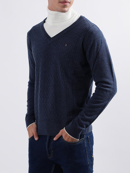 Iconic Men Blue Solid V Neck Sweater