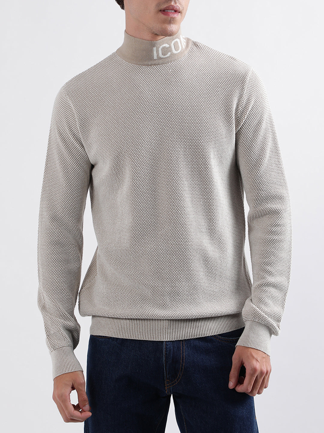 Iconic Men Beige Solid High Neck Sweater