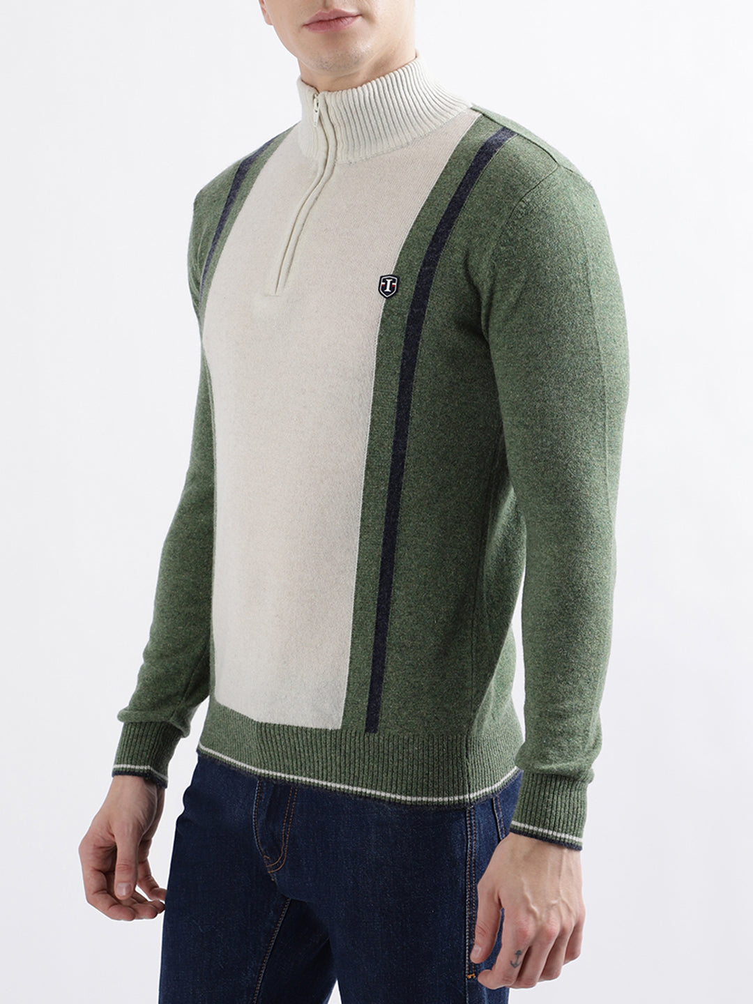 Iconic Men Green Colour blocked Full Sleeves Turtle Neck Sweater