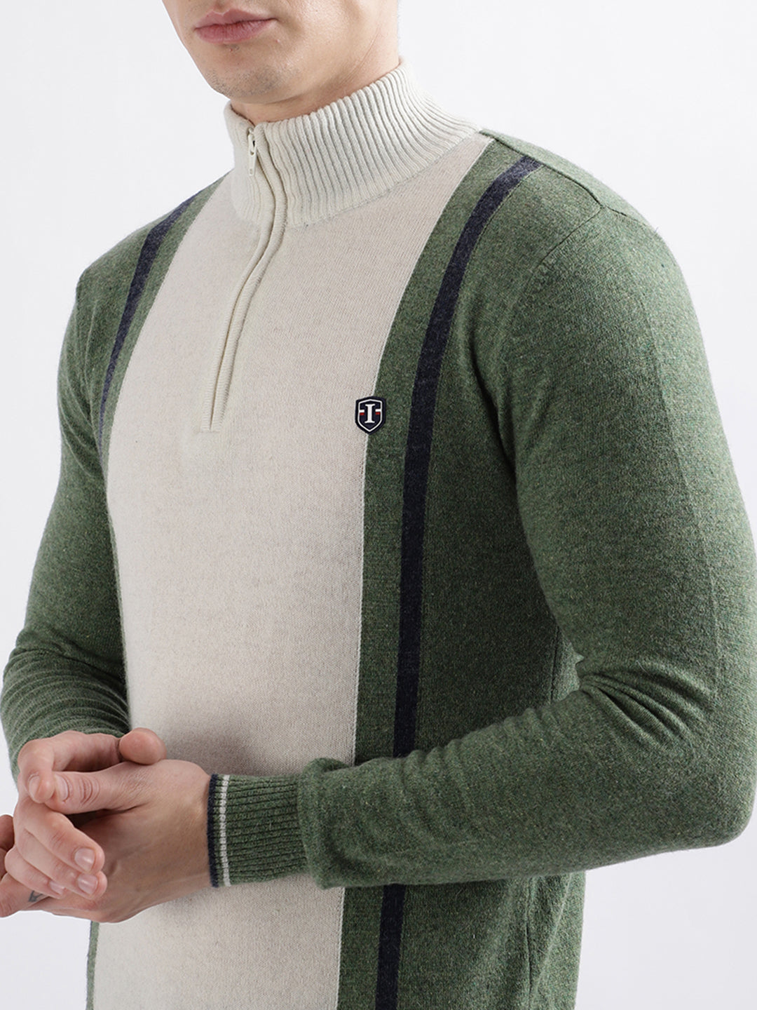 Iconic Men Green Colour blocked Full Sleeves Turtle Neck Sweater