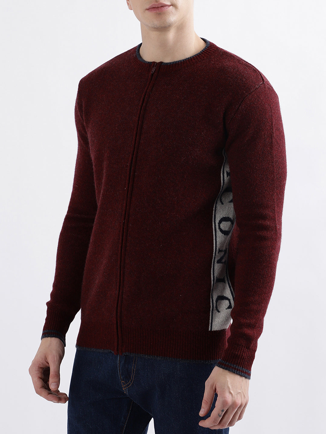 Iconic Men Maroon Solid Full Sleeves Round Neck Sweater