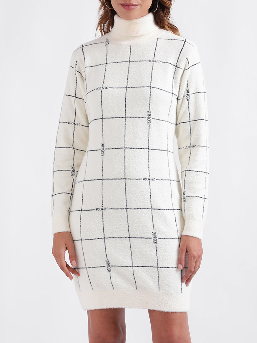 Mock neck shop grid fitted dress