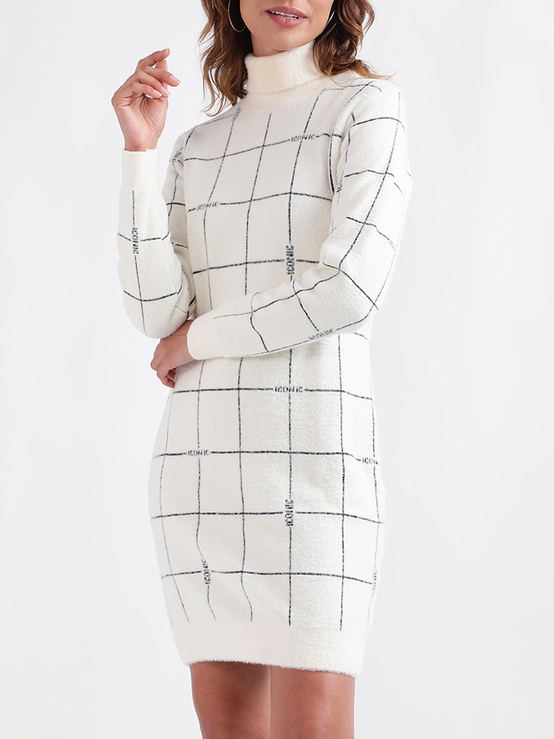 Mock neck hotsell grid fitted dress