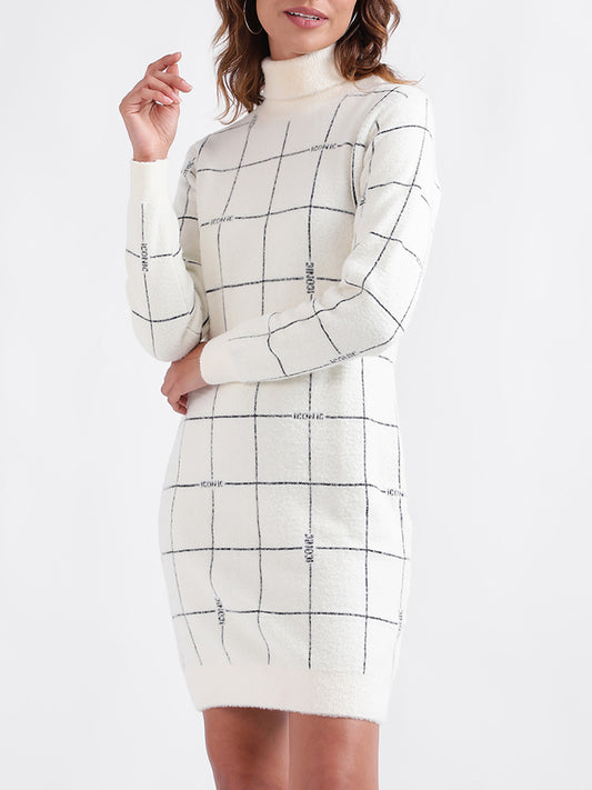 Iconic Women Checked Full Sleeves Turtle Neck Dress